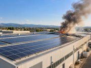 Incendio ai pannelli fotovoltaici della Salpa-Rolli a Roseto: nessun ferito, cause da accertare Illustrazione IA di pannelli fotovoltaici su un capannone industriale con fumo in lontananza.