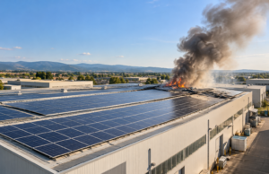 Incendio ai pannelli fotovoltaici della Salpa-Rolli a Roseto: nessun ferito, cause da accertare Illustrazione IA di pannelli fotovoltaici su un capannone industriale con fumo in lontananza.